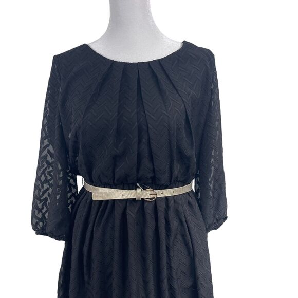 A. Byer Black Cocktail Midi Dress 3/4 Sleeve Sheer Lined Gold Belt Slimming Goth - Picture 2 of 6